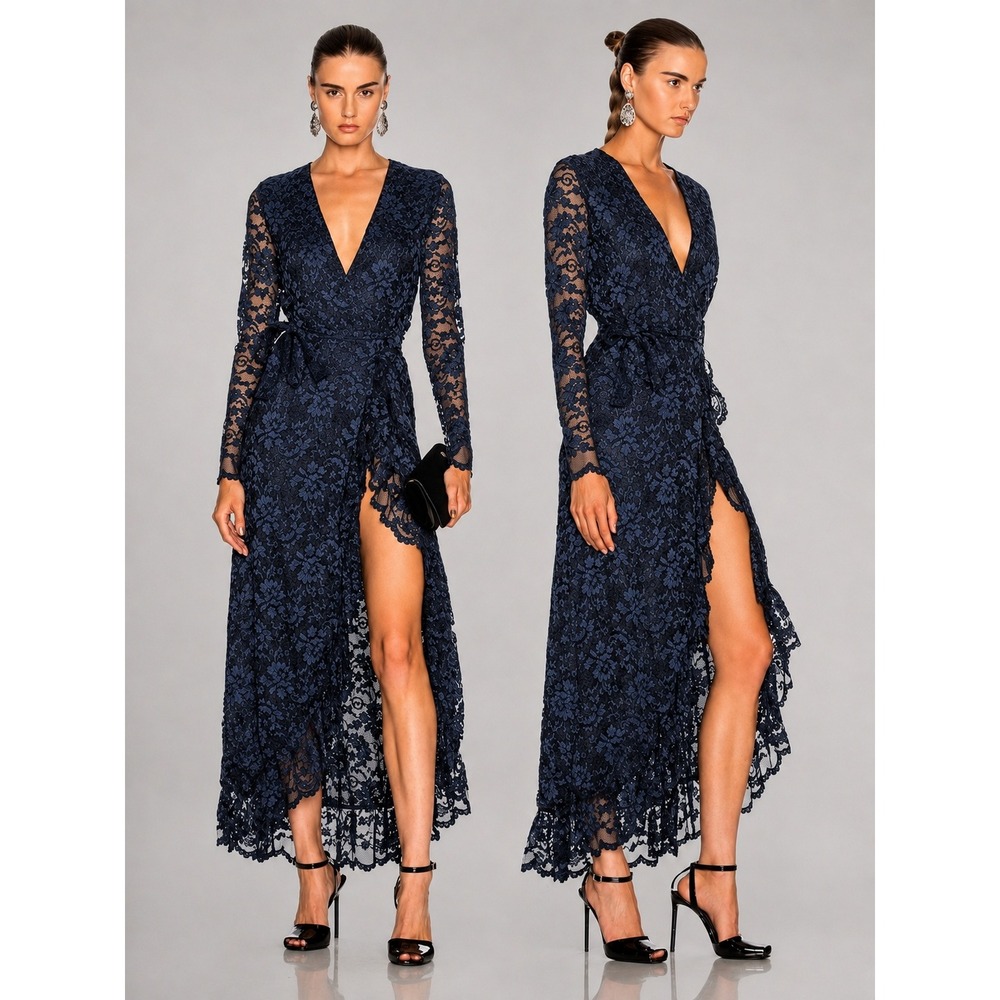 Ganni Flynn Lace Maxi Dress Navy Black Wrap Dark Romantic Ruffle Gown Size 4